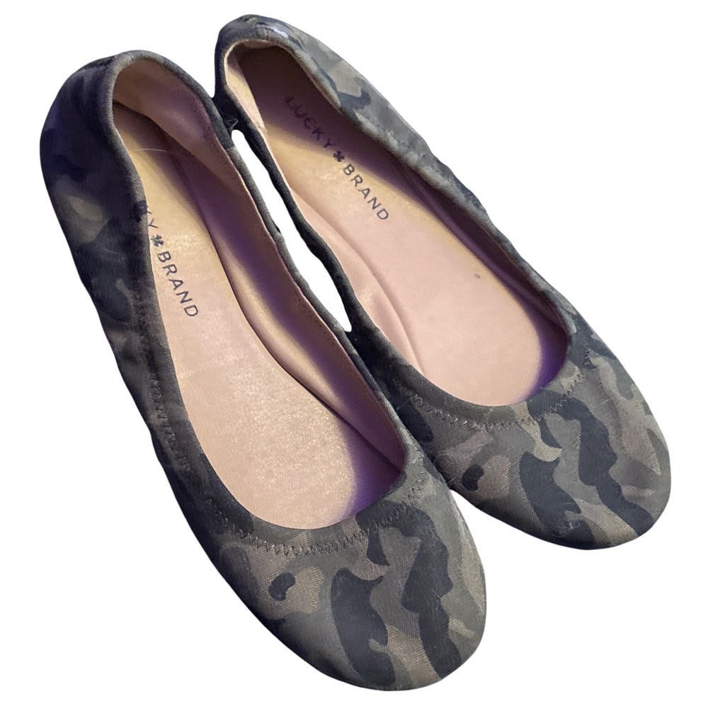 Lucky Brand Classic Green Camouflage Ballet Flats Elastic Slip On Shoes 8\.5M/39